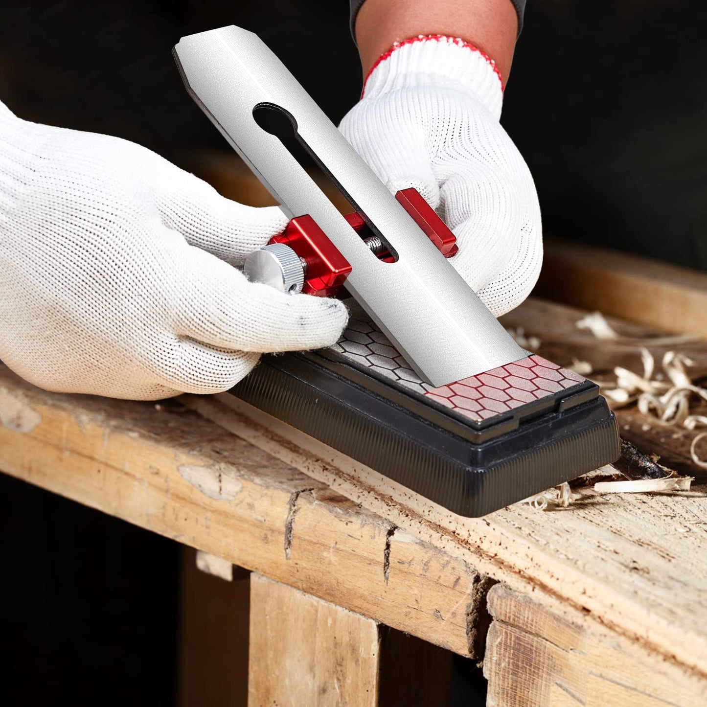 Saker Honing Guide with Whetstone - Red Off-Center Upgraded Honing Tool and Diamond Sharpening Stone Set Kit for Kitchen Knife, Short Chisels and Planes, Fine/Coarse Plate, 400/1000/Grit