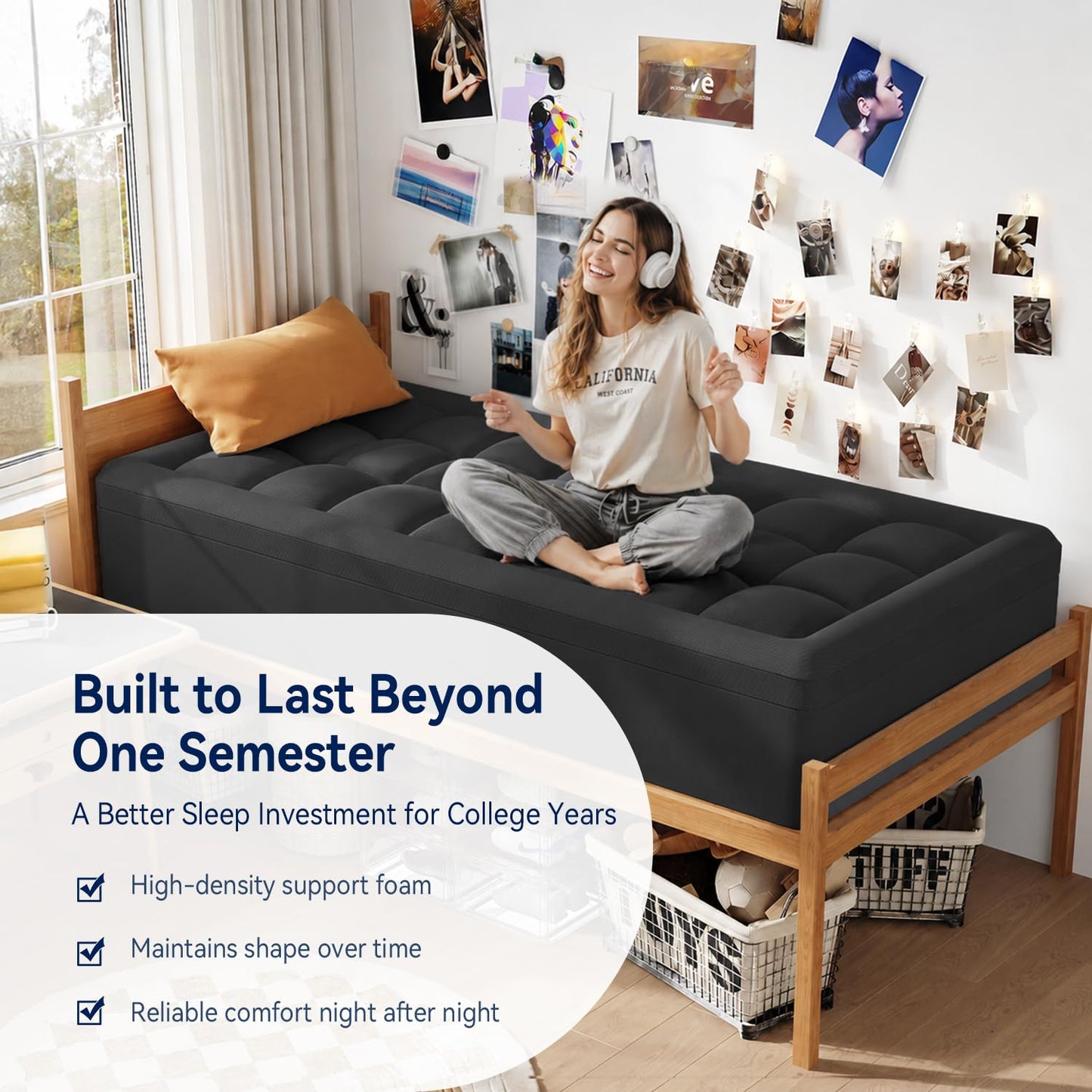 ELEMUSE 3 Inch Dual Layer Memory Foam Mattress Topper Twin XL, Dorm Room 2 Inch Cooling Gel Memory Foam Plus 1 Inch Down Alternative Pillowtop Mattress Pad,College Essential, Comfort Support, Black