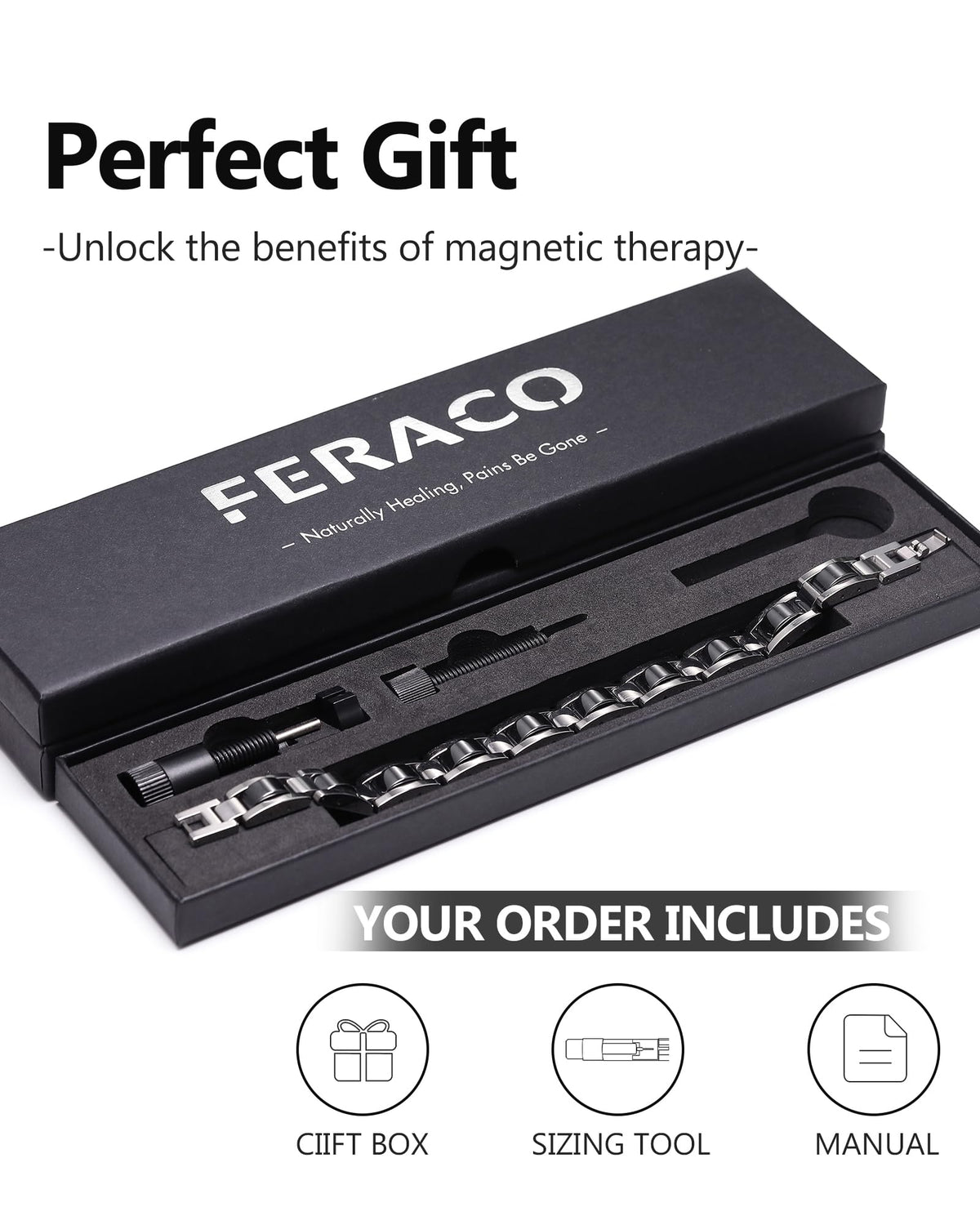Feraco Mens Magnetic Bracelets, Classic Balck Titanium Stainless Steel Bracelet with Natural Hematite Magnet Stones,Men's Jewelry Gifts, 8.66 inch