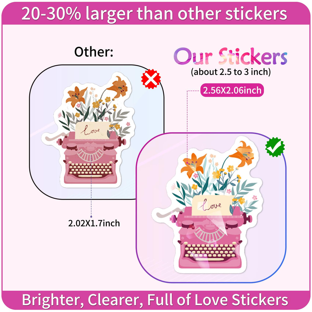 100pcs Pink I Love You Stickers, Waterproof Holographic Glitter Romantic Vinyl Decal,Valentine's Day,Birthday for Water Bottle, Laptop,Kindles, DIY,Book,Phone, Gifts for Girls,Kids, Teens,Adults