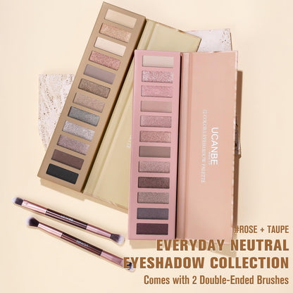 UCANBE 2 PCS Eyeshadow Makeup Palette Kit, 12 Color Nude Eye Shadow Set, Neutral Matte Shimmer Make Up Pallet With Double-Ended Brush, Highly Pigmented Long Lasting Waterproof