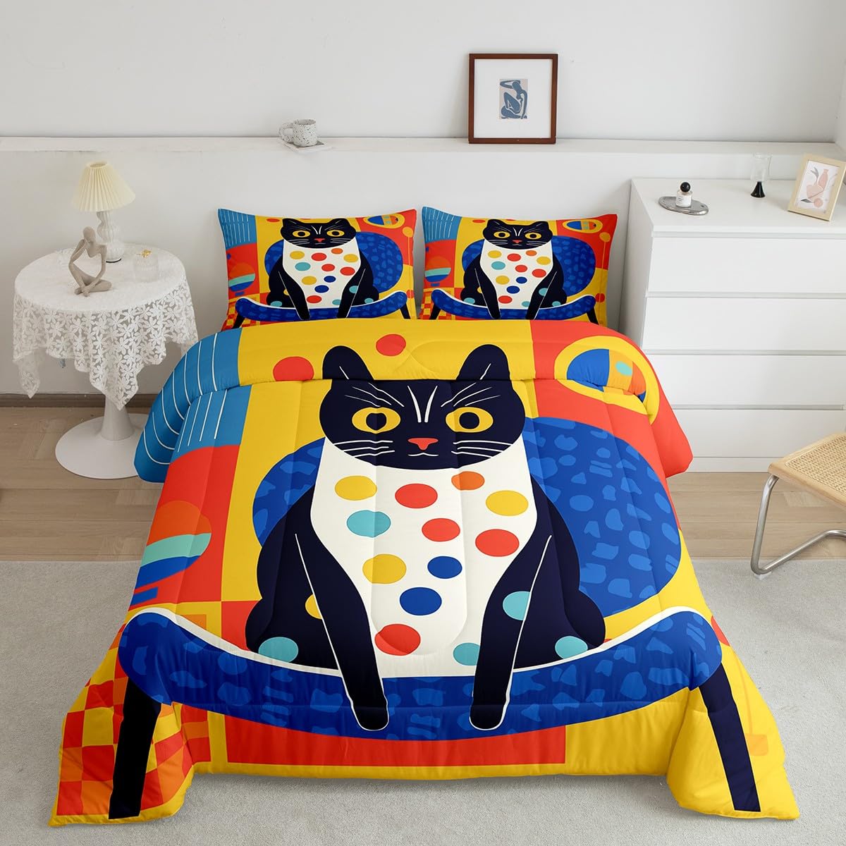Funny Cat Comforter Set Queen Size,Graffiti Funny 3D Animal Theme Bedding Set for Kids Girls Boys Room Decor,Blue and Yellow Plaid Print Quilt Set 3Pcs,Cartoon Pet Animals Duvet Insert,2 Pillowcases