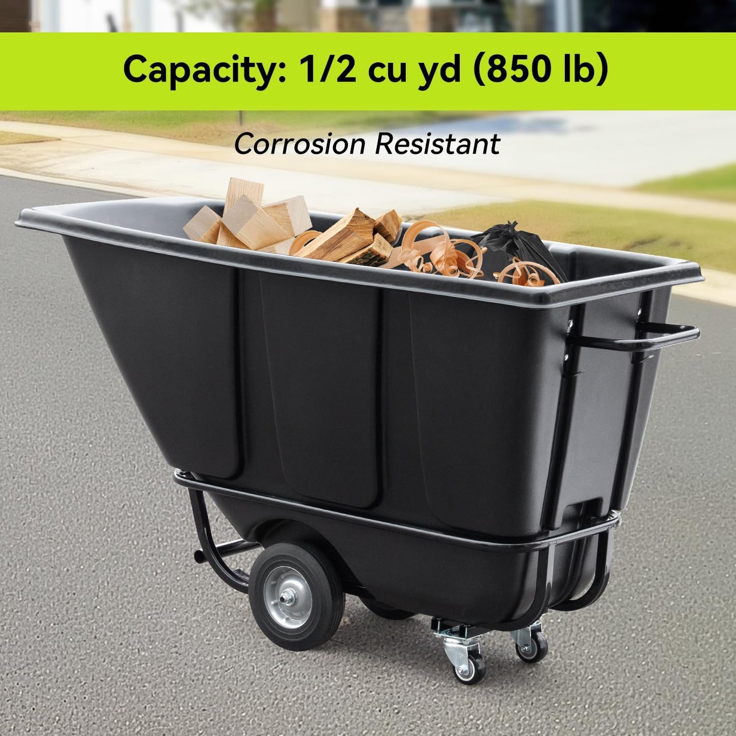 Fworkleft Tilt Dump Truck 850 lbs Capacity, 1/2 Cu.Yd Heavy Duty Trash Cart with Wheels, Forklift-Able Frame, Plastic Utility Dump Cart for Construction, Warehouse & Industrial Use (2-Pack)