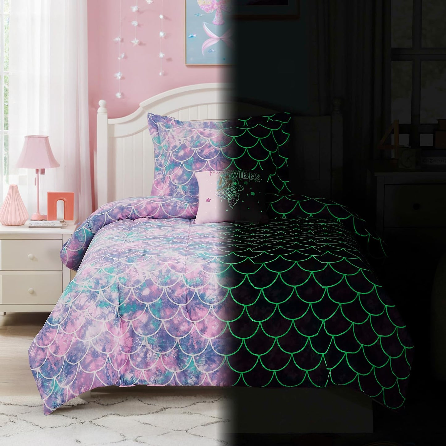 Wink Deer Twin Comforter Set for Girls-3 Pieces Mermaid Glow in the Dark Twin Bedding Sets for Kids,1 Comforter,1 Sham and 1 Decor Pillow