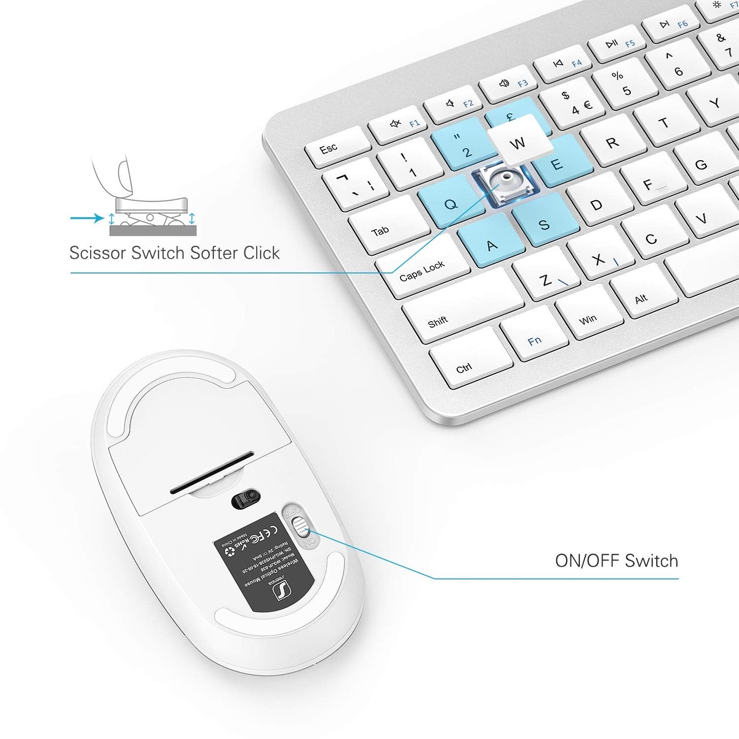seenda Wireless Keyboard and Mouse Set, SK38 Ultra Slim Quiet USB Wireless Keyboard and Mouse Full Size QWERTY UK Layout with Numeric Keypad for Windows PC, Laptop, Computer, White and Silver