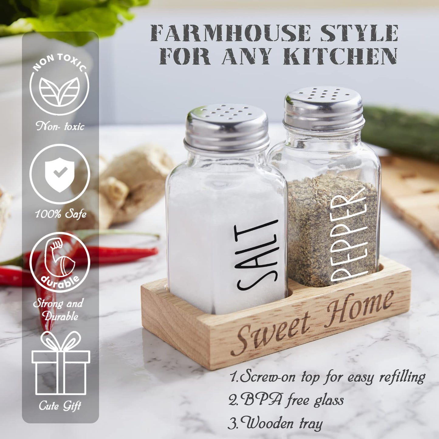 Glass Salt and Pepper Shakers with Holder - Dopeca Clear Salt and Pepper Set with Wood Caddy for Kitchen Counter or Table - Kitchen Decor and Accessories for Wedding Gifts - Easy Refilling-2.7 oz