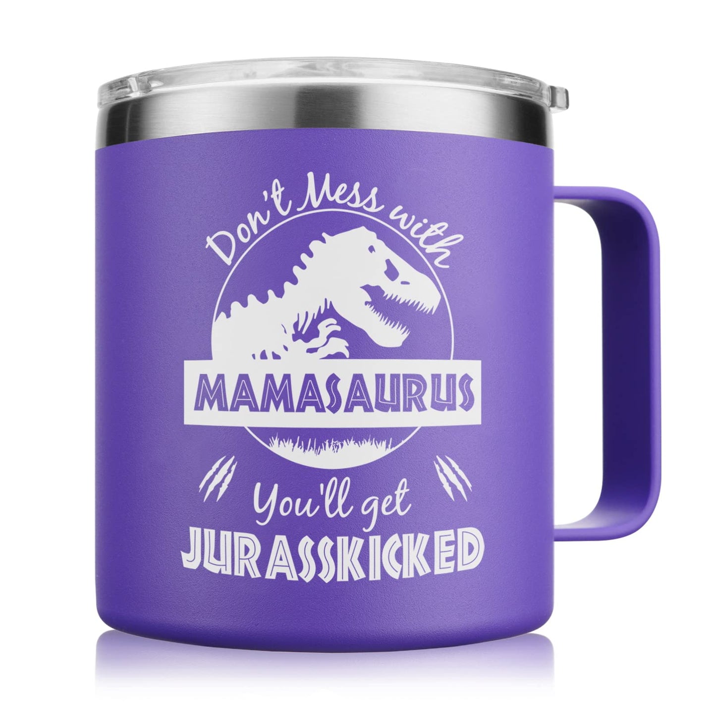 NOWWISH Funny Christmas Gifts for Mom, Mamasaurus Mug 14oz with Lid, Keeps Coffee/Wine Hot Cold, Unique Stocking Stuffer for Wife from Husband/Kids