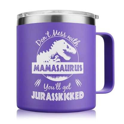 NOWWISH Funny Christmas Gifts for Mom, Mamasaurus Mug 14oz with Lid, Keeps Coffee/Wine Hot Cold, Unique Stocking Stuffer for Wife from Husband/Kids