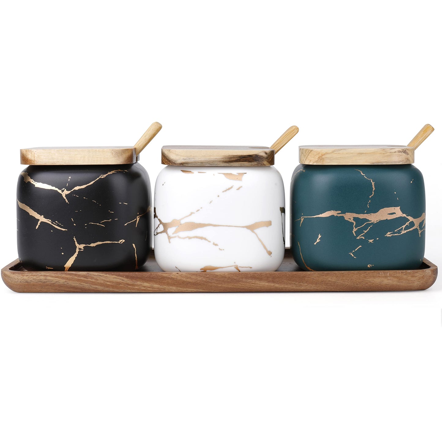 Dicunoy 3 Pack Ceramic Salt and Sugar Container, Condiment Jars with Lids and Spoons, Marble Seasoning Spice Pots Bowl, Pepper Sellar with Wooden Tray for Serving, Counter, Home, Kitchen