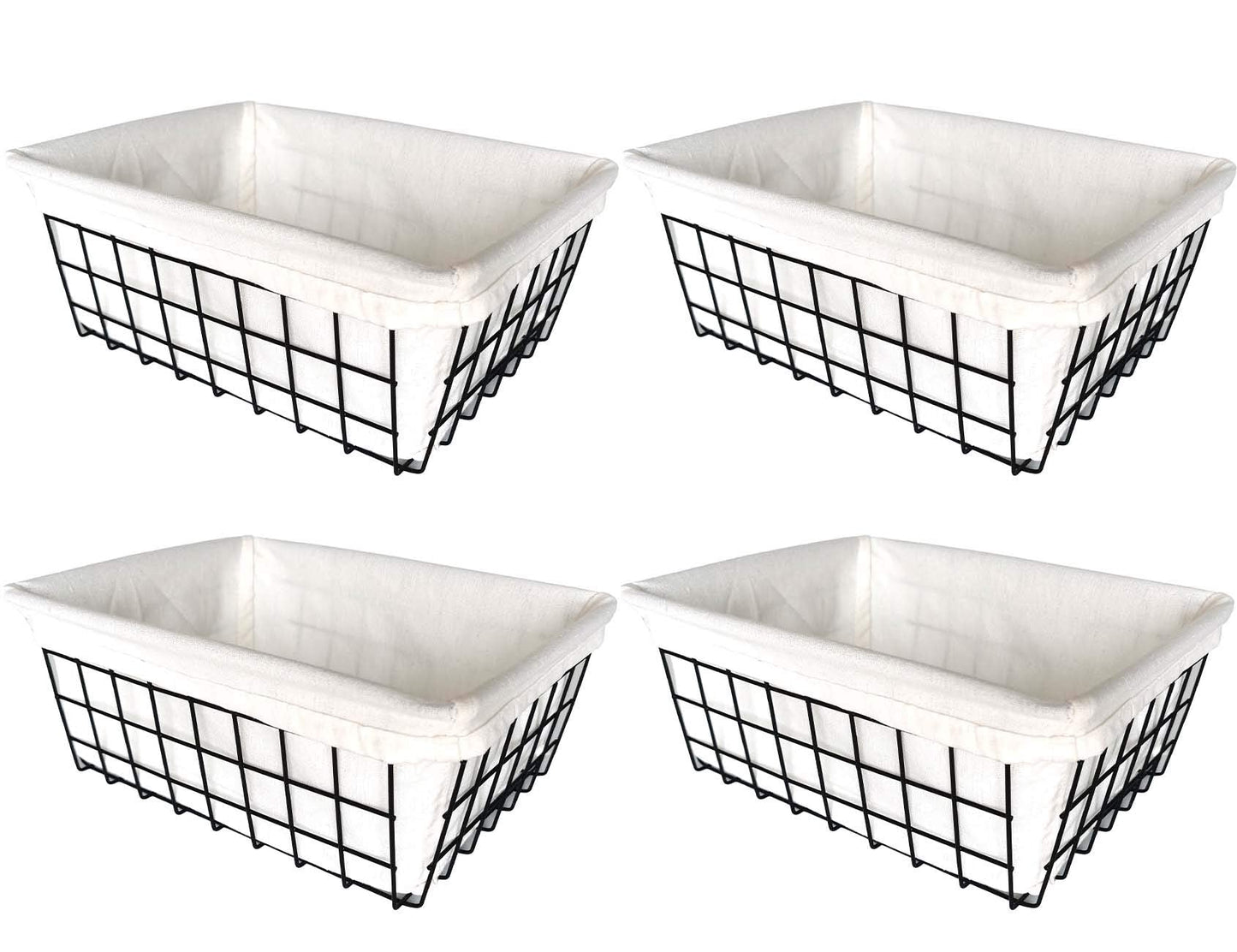 Wire Storage Baskets, 4 Pack Metal Household Organizer with 4 Pcs Fabric Liners, Refrigerator Bin with Handles, for Pantry, Shelf, Freezer, Kitchen Cabinet, Bathroom, Countertop, Closets (Black)