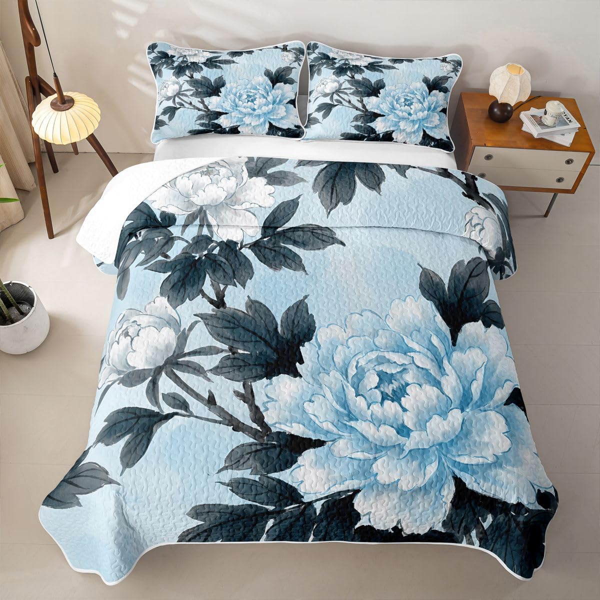 jejeloiu Flower Quilt Set Farmhouse Floral Quilted Bedspread Lightweight Coverlet Set Twin Blue Bedding Set with Pillowcases for All Season Microfiber Bed Decor