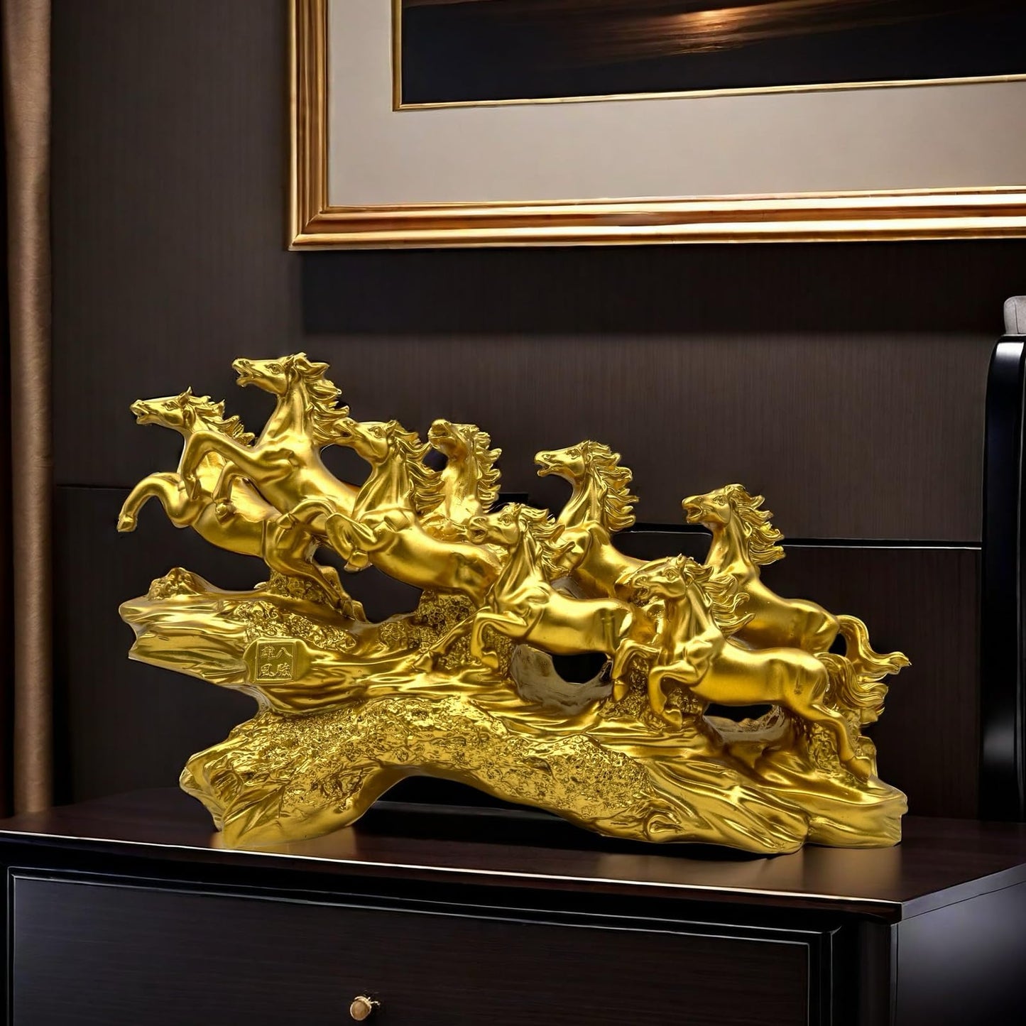 FUNSXBUG Chinese Feng Shui Horses Statue Sculpture - Resin Running Horse Figurines Home Office Decoration Tabletop Decor Ornaments for Wealth and Success Good Lucky Gifts Gold