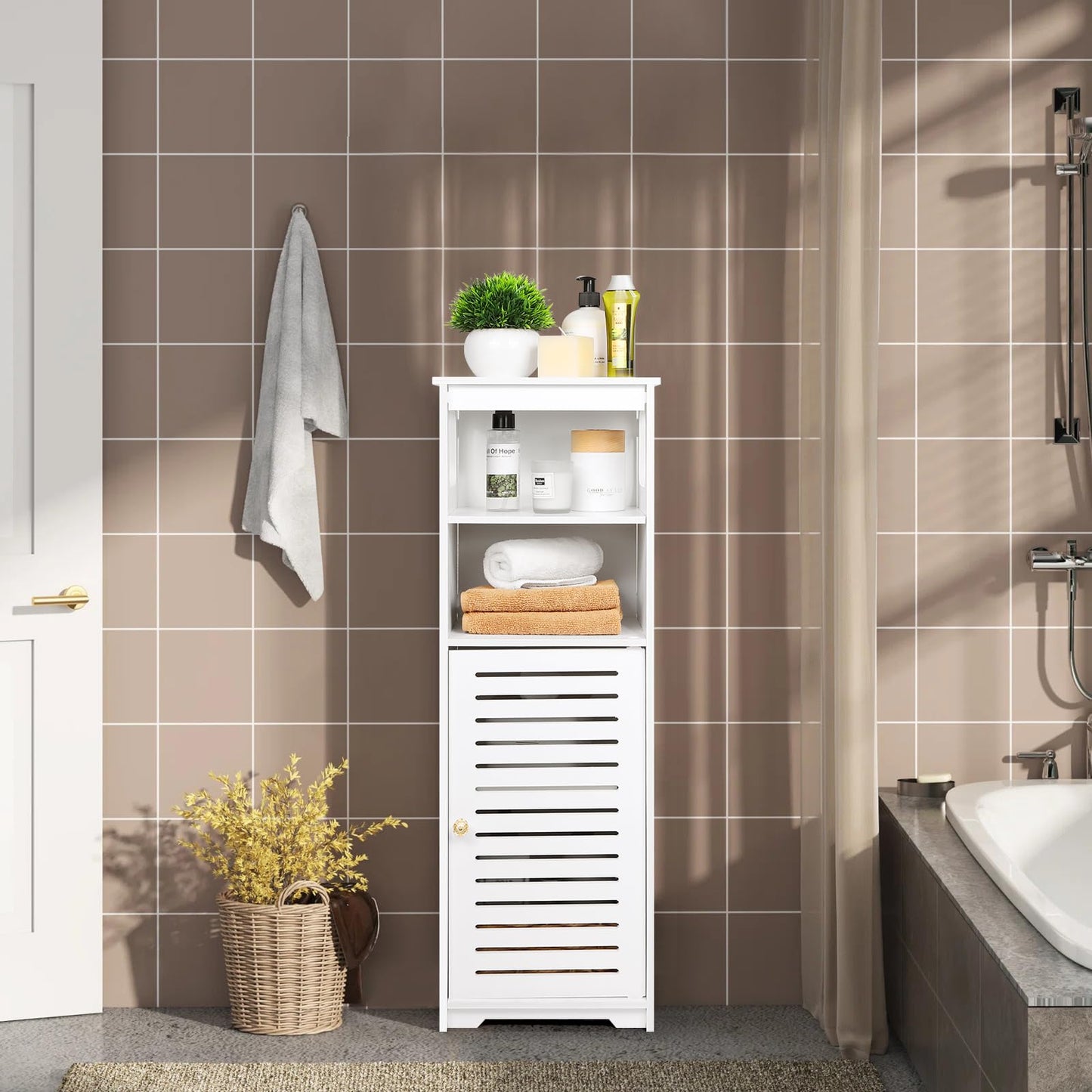 Bathroom Cabinet Waterproof, White Storage Cabinet Floor Standing Home Storage Furniture Shelf,Suitable for Toilet Bedroom Kitchen Living Room (RD)