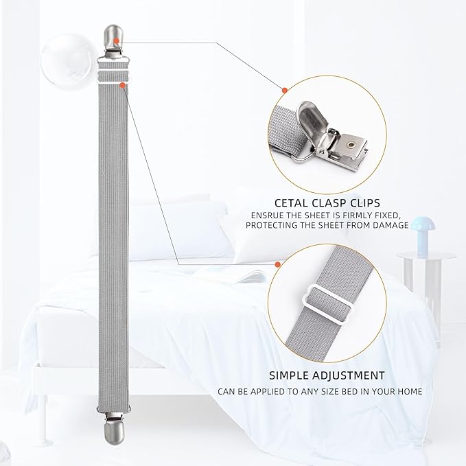 4Pcs Adjustable Bed Sheet Straps Clips, Elastic Mattress Sheet Fasteners Holder