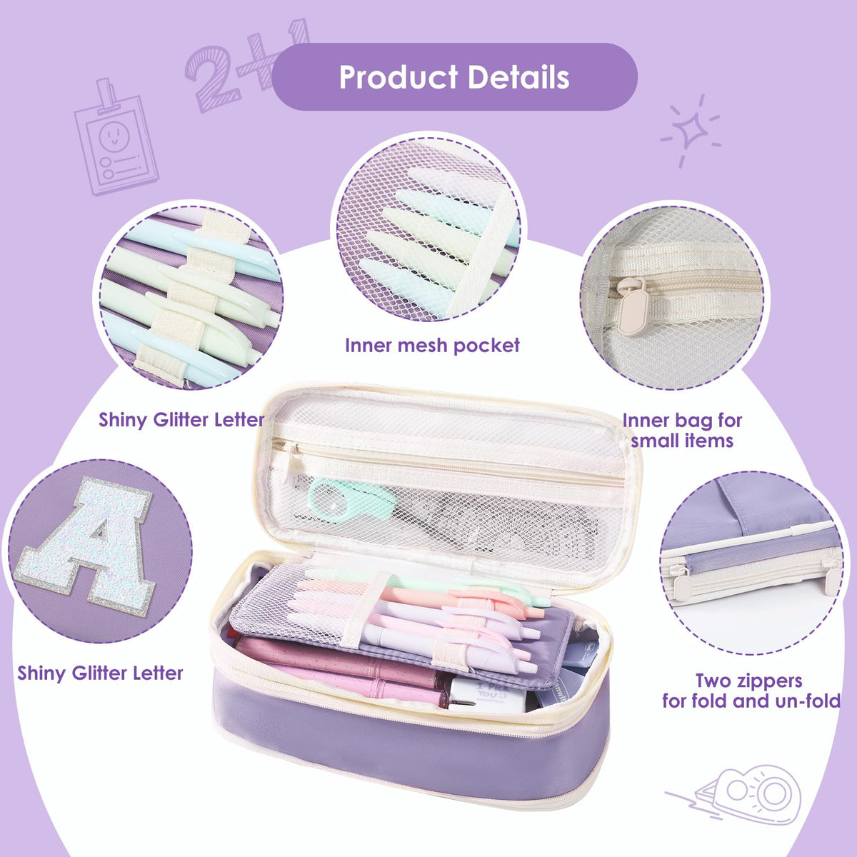 Janhavi Preppy Pencil Case for Girls, Girly Pencil Pouch with Compartment, Cute Pen Bag for Students, Teen Girl, Women, Adult, Soft Penicl Bag Organizer for School, College, Office, Travel -Purple R