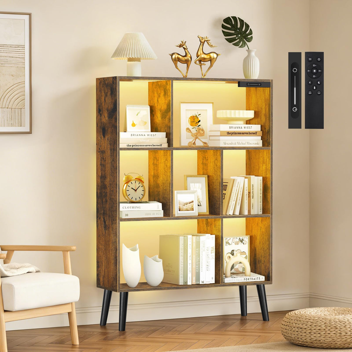 OUTONLIFE 7-Cube Bookshelf with LED Lights, Touch & Remote Control, Freestanding Open Bookcase Storage Shelf, Dimmable Modern Wooden Display Organizer with Legs for Living Room, Bedroom (Rustic Brown)