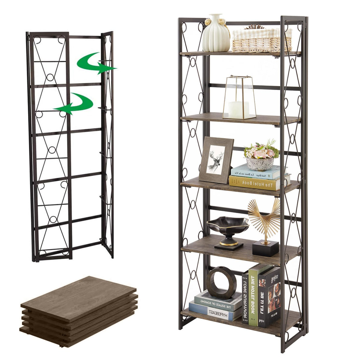 VECELO Folding Bookshelf, 5-Tier Bookcase Foldable, Industrial Tall Book Shelf Storage Organizer with Collapsible Metal Frame for Living Room/Home Office,Rustic Brown,1 Set