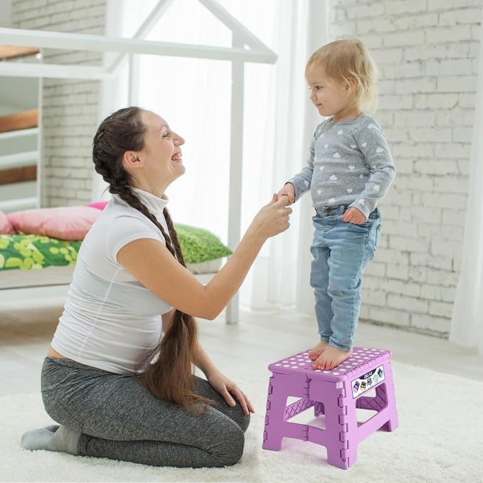Delxo 9 inch Folding Step Stool, Non-Slip Foldable Small Stools Up to 300 LBS, Kids Step Stool with Handle Lightweight for Kitchen, Bathroom, Bedroom, Garden, Light Purple, 1PC