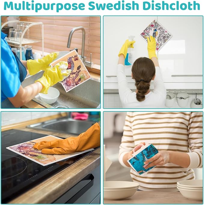 6 Pack Swedish Dishcloths for Kitchen, Swedish Rags Absorbent Retro Bird Dish