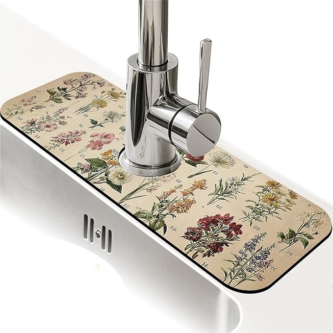 Kitchen Sink Splash Guard，Vintage-wildflowers Faucet Mat Sink Gadgets-Super