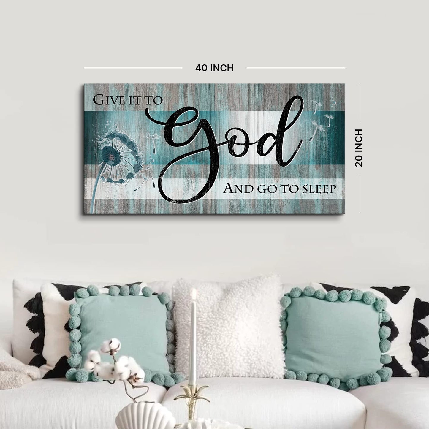Christian Wall Art Bible Verse Wall Decor Give It to God and Go to Sleep Bedroom Pictures Teal Faith Quote Canvas Painting Religious Scripture Poster Dandelion Artwork Living Room Decorations 20x40"