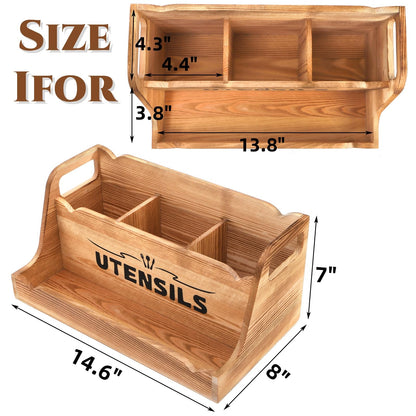 Noamus 15" Kitchen Utensil Holder with Spice Bottles Tray, Extra Large Wood Countertop Utensil Organizer with Handles, 4 Compartment Cooking Tool Storage Caddy for Home Decor Gift