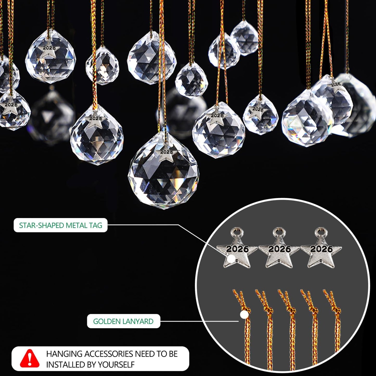 LOULIQIGIFT 10Pcs 40mm Clear Crystal Ball Prisms Hanging Crystals Pendants with 2026 Star Charms for Wedding, Windows, Chandelier, Mothers Day Decorations