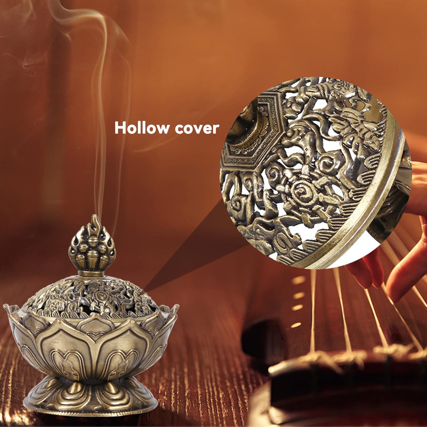 Vintage Backflow Incense Burner Bowl, Lotus Incense Holder Charcoal Censer Ash Catcher Stick Cone Reel Incense for Powder Cone or Coil Incense (Bronze)
