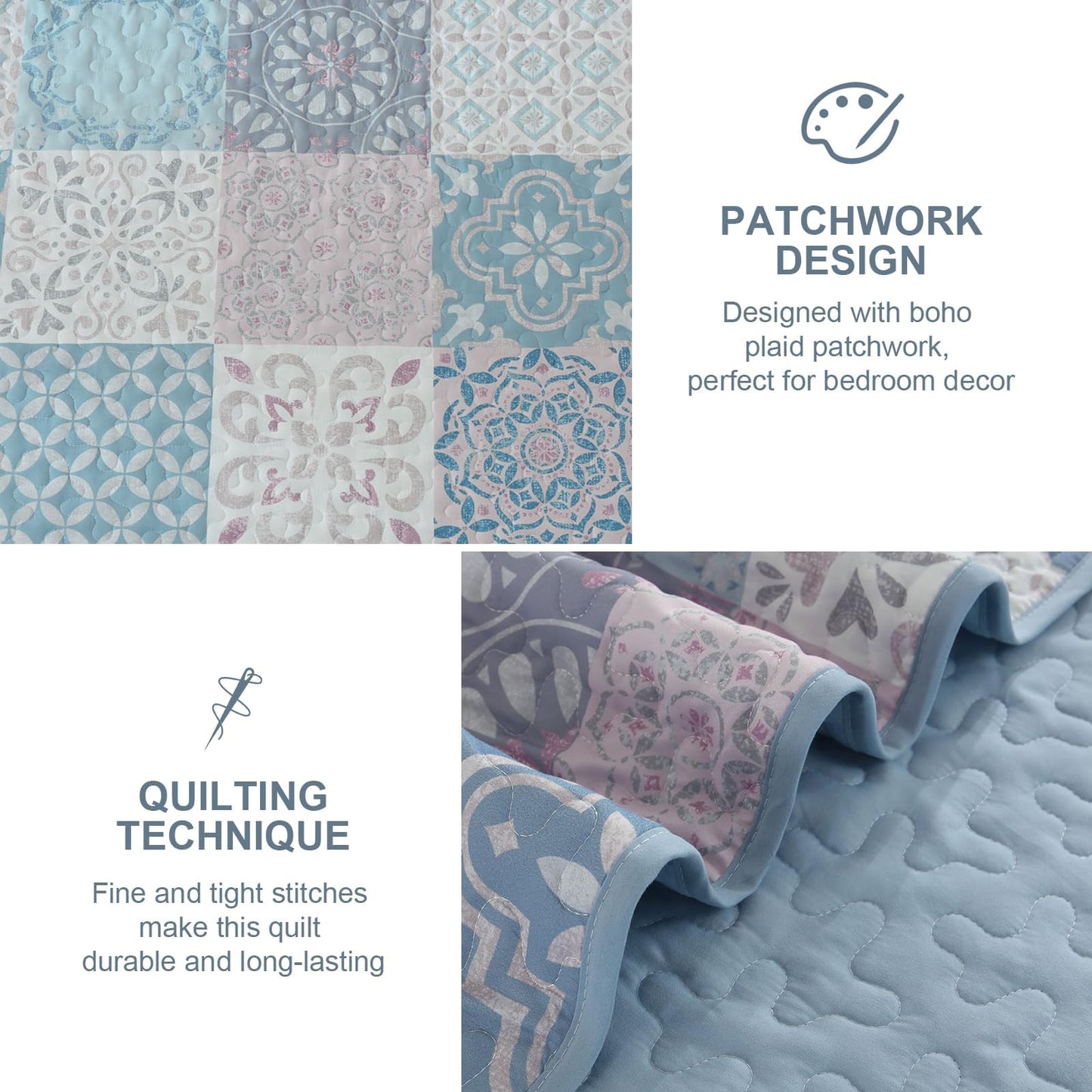 Dobuyly Quilt Set Queen Size, Light Blue/Pink Patchwork Bedspread 3 Pieces, Boho Plaid Summer Coverlet Set, Soft Lightweight Quilt Bedding Set for All Seasons 96"x90"