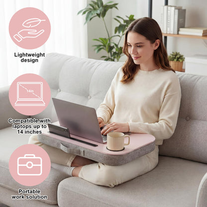 Lewtemi Pink Laptop Lap Desk with Cup Holder and Stopper Padded Phone Holder Couch Bed Sofa Fits up to 15.6 Inch Cushion Portable Lap Desk for Home Office Study Writing