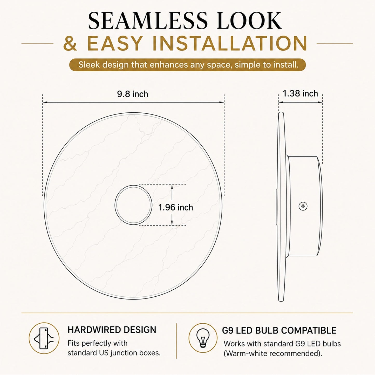 Natural Spanish Alabaster Wall Sconce, Modern Round Marble Wall Light with Unique Veins, Mid-Century Minimalist Stone Wall Lamp for Bedroom, Living Room, Hallway, Alabaster Light Fixture (Brass)