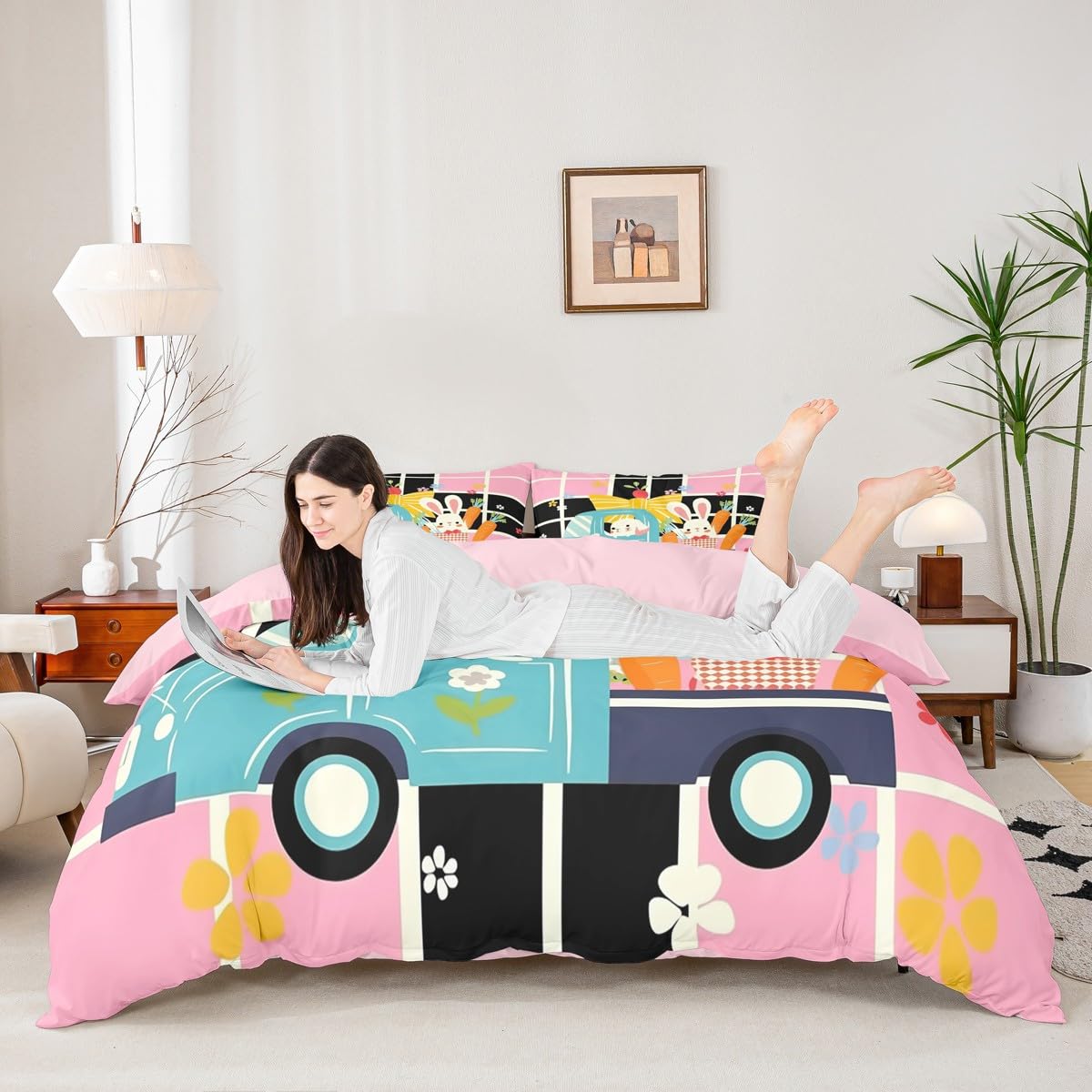 Erosebridal Happy Easter Themed Duvet Cover Cartoon Rabbit Bedding Set,Rainbow Easter Eggs Comforter Cover Easter Decor Queen,Greetings and Presents for Easter Day Kawaii Room Decor