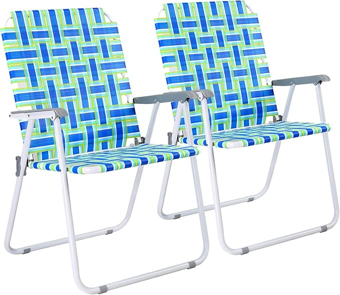 VINGLI Oversize Patio Lawn Webbed Folding Chairs Set of 2, Outdoor Beach Chair Portable Dining Chair for Outdoor Yard, Garden (Blue, Oversized)