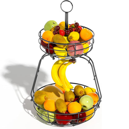ASTLIHO House Warming Gifts New Home, Fruit Basket for Kitchen Counter, 2 Tier Countertop Fruit Bowl Vegetable Baskets with Banana Hanger, Storage Basket for Snack, Home Decor, Kitchen Appliances