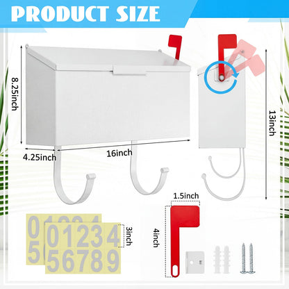 Yaocom Small Cast Wall Mount Mailbox for Outside Metal Mailbox with Newspaper Hooks Heavy Duty Rustproof Wall Mounted Galvanized Steel Post Box Large Capacity 16" x 8.25" x 4.25" (White)