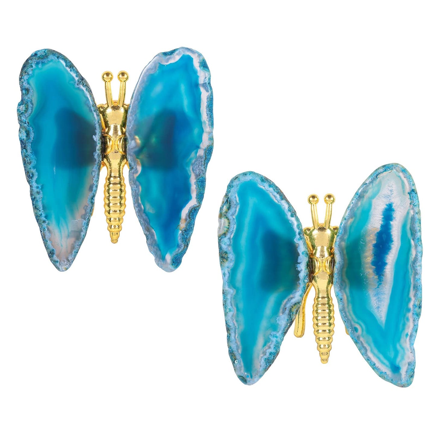 SUNYIK 2PCS Blue Agate Slice Butterfly Stand Figurine, Healing Stone Butterfly Wings Decor for Home Office Table Desktop