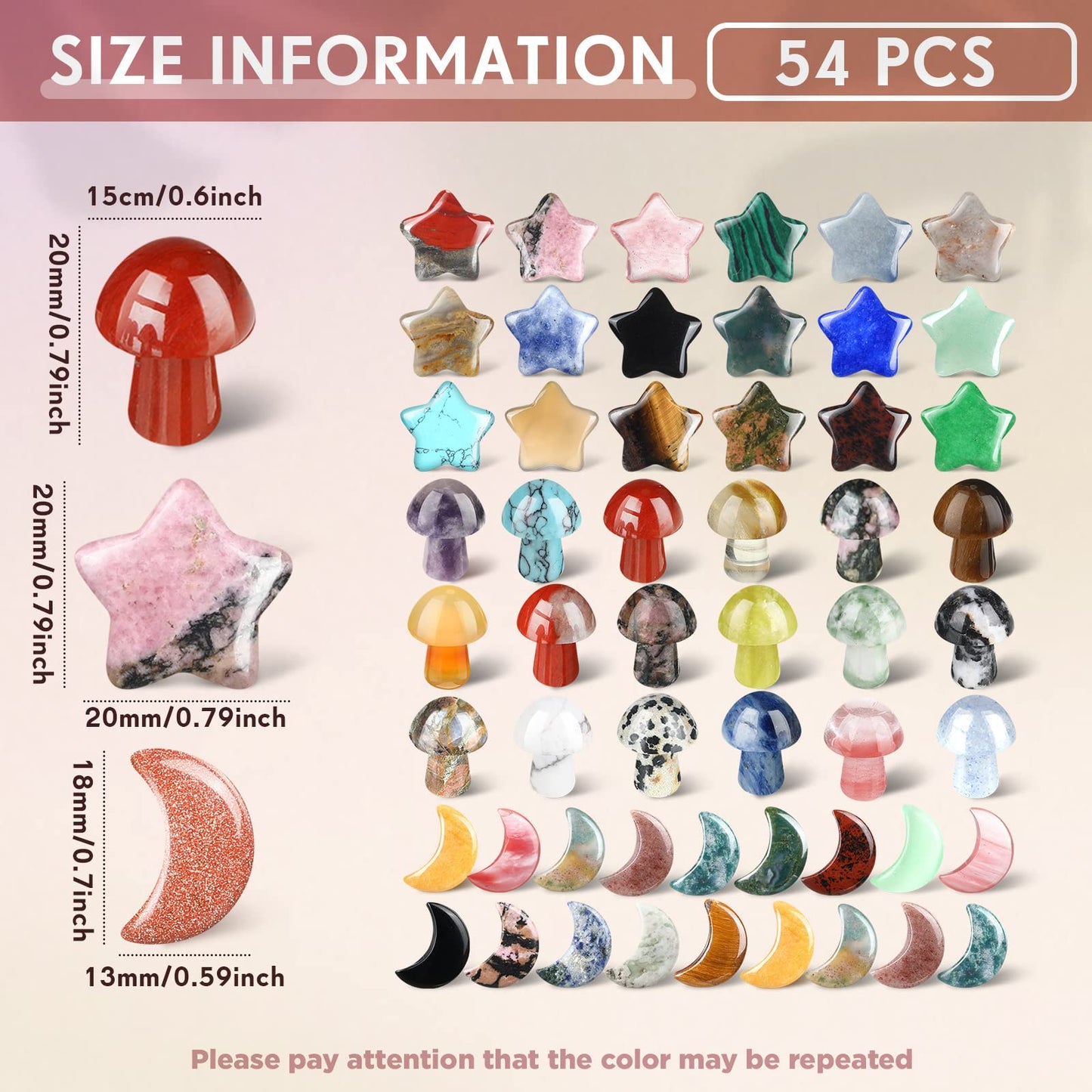 Nuenen 54 Pieces Worry Stones Mushroom Moon Star Shaped Crystal Bulks Mini Thumb Stones Sculpture Decor Gemstones and Crystals for Witchcraft DIY Meditation Balancing(Elegant Style)