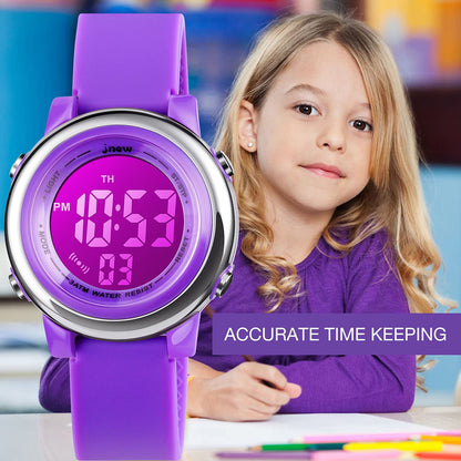 boys and Girls Digital Watch - Kids Sports Waterproof Electrical Outdoor Stopwatch Alarm 7 Color LED Luminescent Watches for Youth Girl - Purple