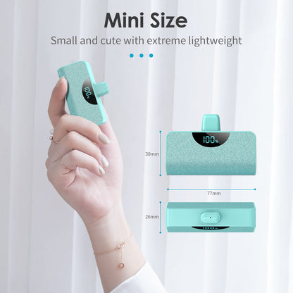 Mini Portable Charger USB-C Power Bank 5200mAh,Ultra Compact LCD Display Battery Pack Backup Charger Compatible with iPhone 17/17 Air/17 Pro/17 Pro Max/16/16 Plus/16 Pro Max/15 Series,Samsung-Green