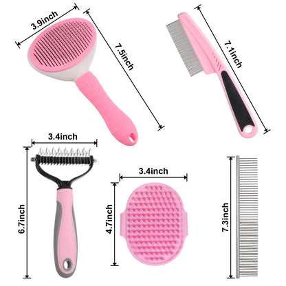6PCS Dog Grooming Kit, Pet Grooming Kit, Deshedding Brush for Short Hair, Slicker Brush, Flea Comb, Puppy Brush Set in Pink for Dogs, Cats
