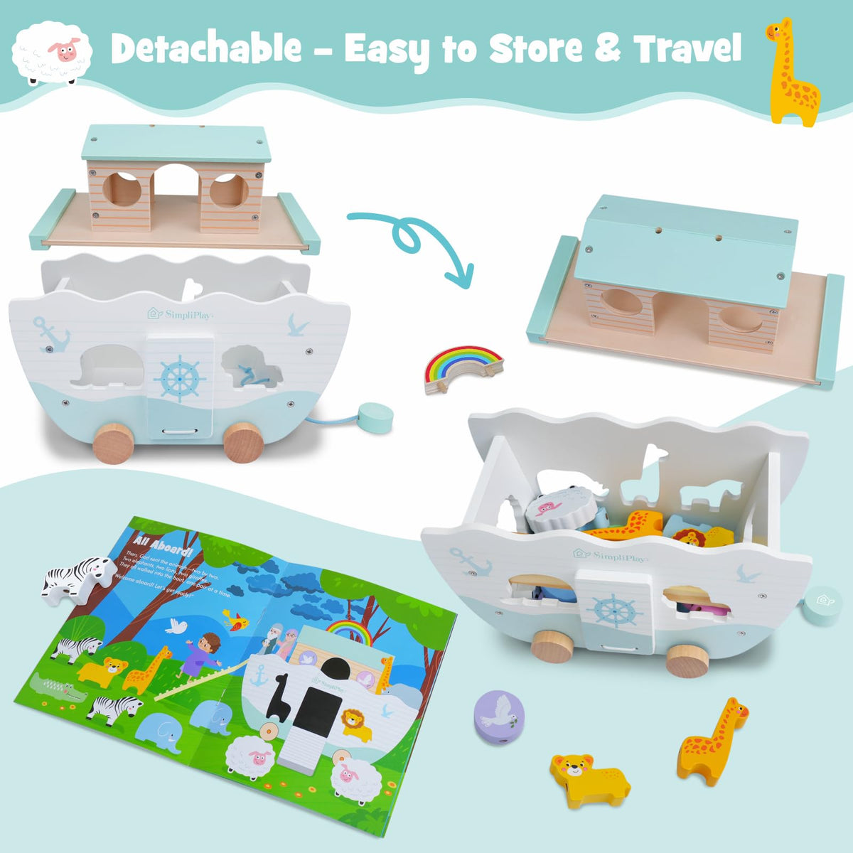 SIMPLIPLAY Wooden Noah's Ark Toy - Toddler Montessori STEM Learning Noahs Ark Toy with Story Book & Wooden Animal Shape Sorter, Christian Toy for Boys Girls Christmas Baptism Gifts