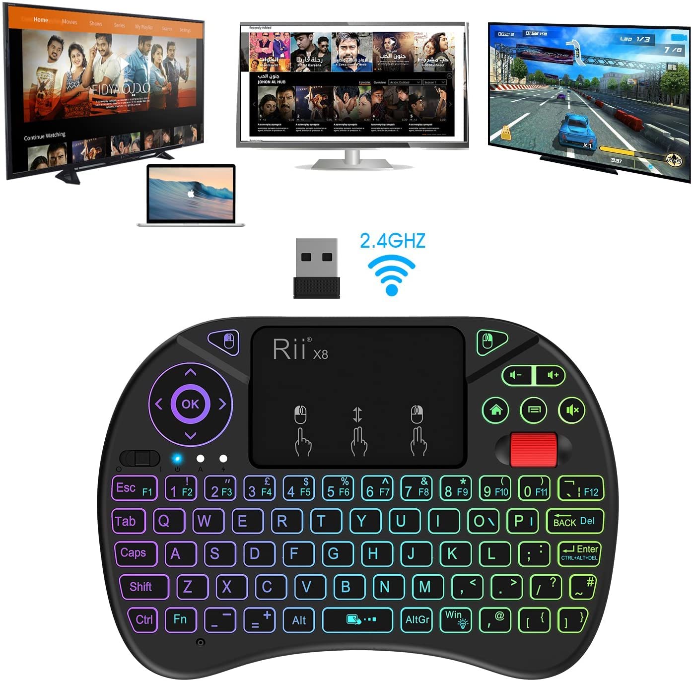 Mini Wireless Multi-media Keyboard Touch Pad Mouse Combo With Scroll Button/Handheld Remote/LED Backlit/Rechargeable For PC/Laptop/Smart TV/Raspberry Pi/KODI//Android TV Box/HTPC/Windows