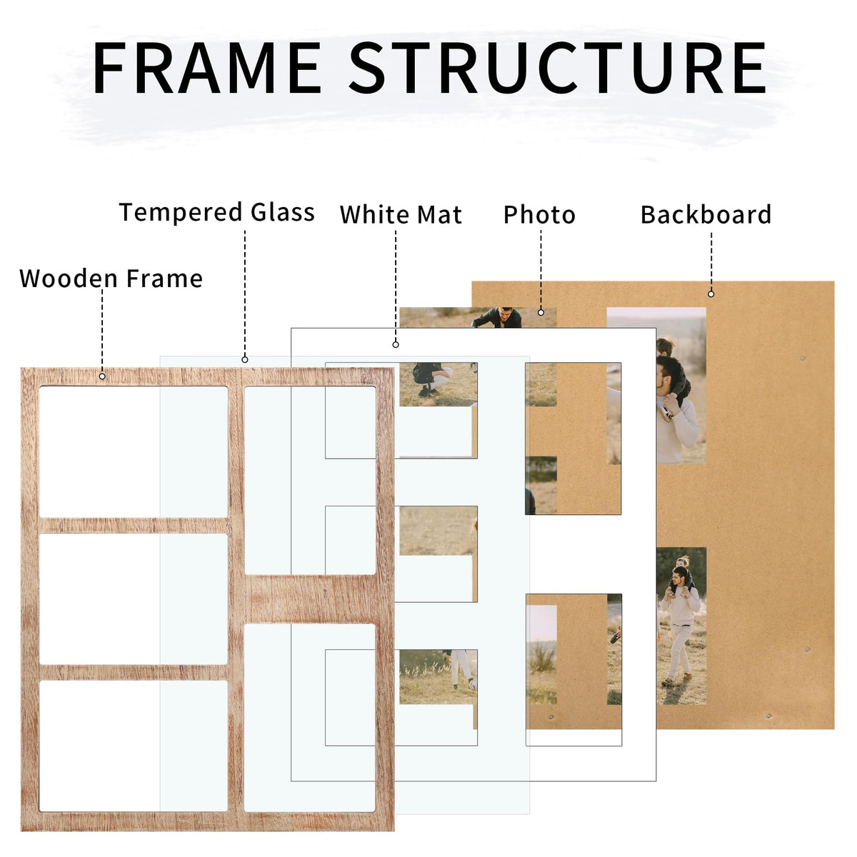 YESKAY 4x6 or 5x7 Picture Frames, Rustic Brown Wooden Frame with Real Glass, Displays Pictures Five 4x6 with Mat or 5Pcs 5x7 without Mat for Wall Mounting, Photo Collage Frame