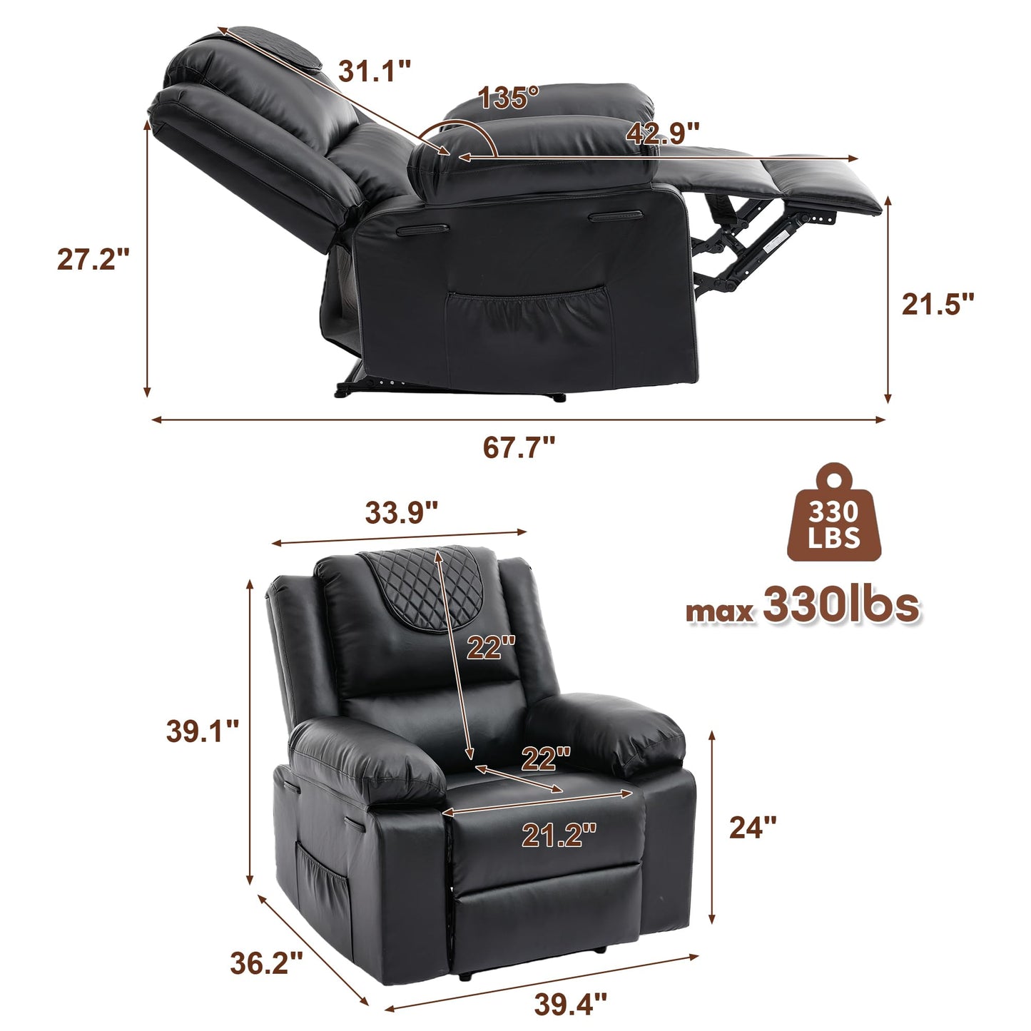 Adult Manual Recliner with Heating and Massage Functions (135° Front and Rear Adjustment) - Equipped with Side Storage Pockets and Remote Control, Suitable for Living Room and Bedroom(Black)