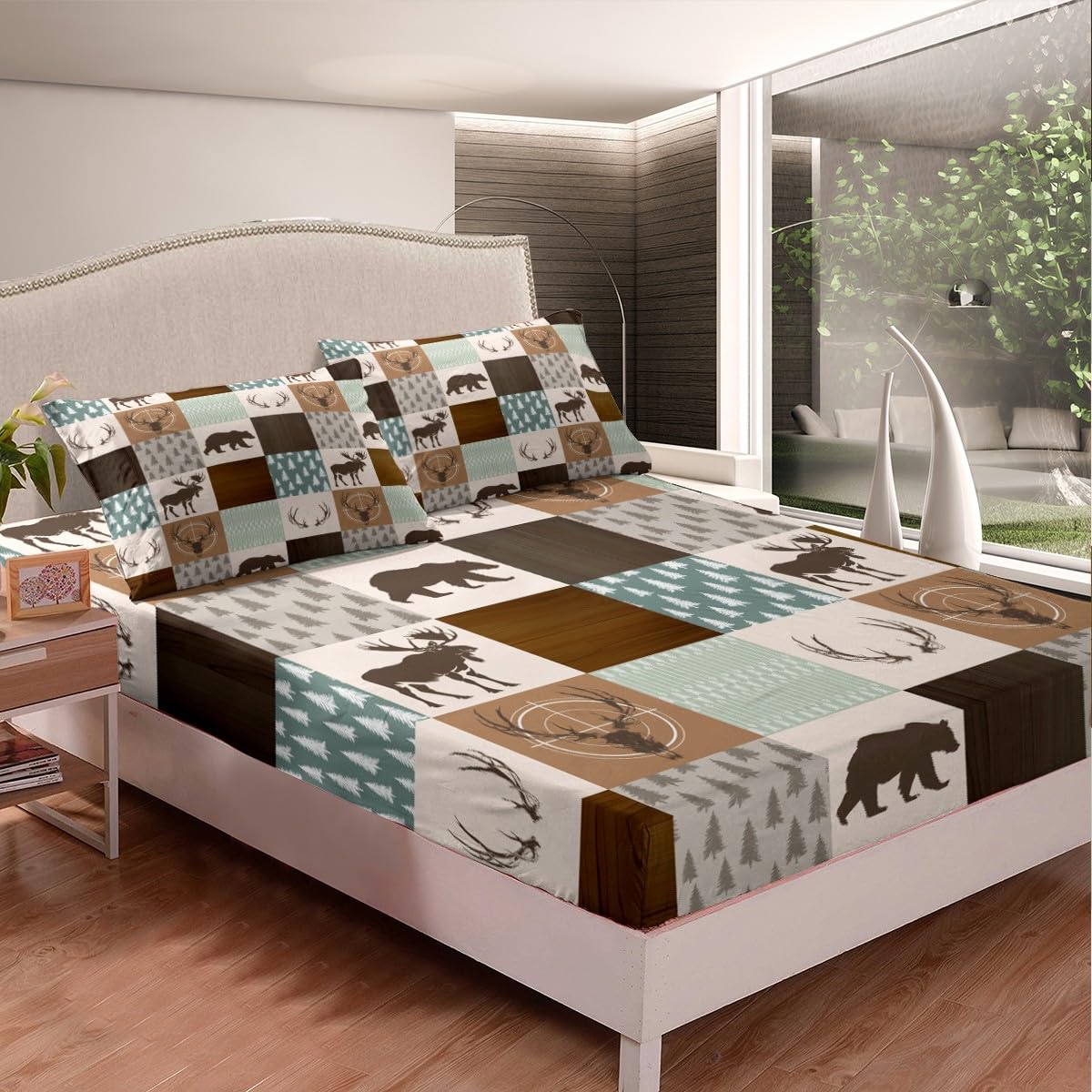 Castle Fairy Wild Animal Hunting Fitted Sheet Full Size,Rustic Bear Deer Antler Arrow Patchwork Bed Set for Girls Teens Room Plaid Retro Country Board Polyester Bedding with Flat,Fitted,2 Pillowcases