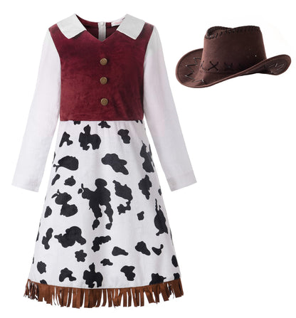 ReliBeauty Western Cowgirl Costume for Girls Funny Holiday Party Princess Dress Up Outfit for Kids White,10-12(150)