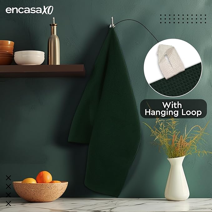 Encasa XO Kitchen Dish Towels Set | Dark Green | Waffle Weave and Flat Hand Tea
