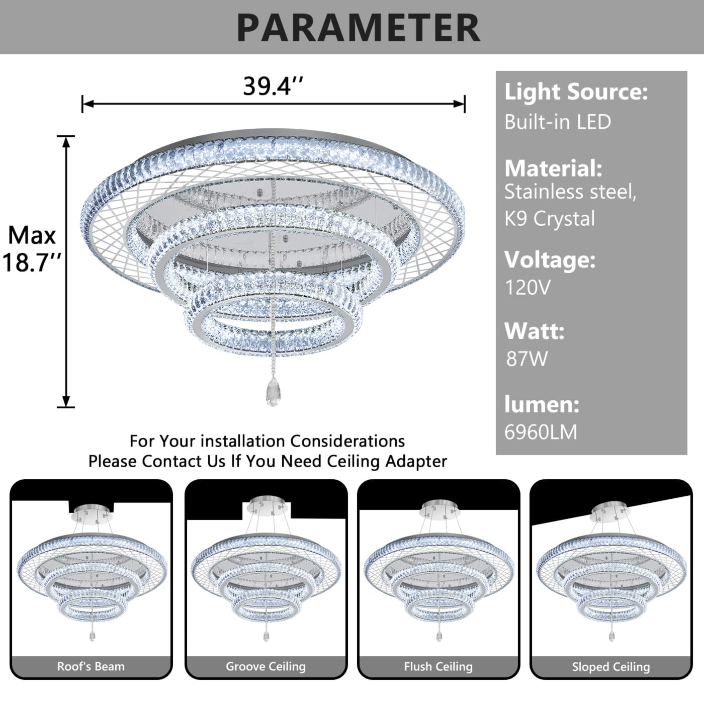 39.4" Modern Crystal Chandeliers Dimmable Lager Chandelier LED Flush Mount Ceiling Light High Ceiling Chandelier for Living Room Dining Room Bedroom Foyer Hallway Entryway Silver