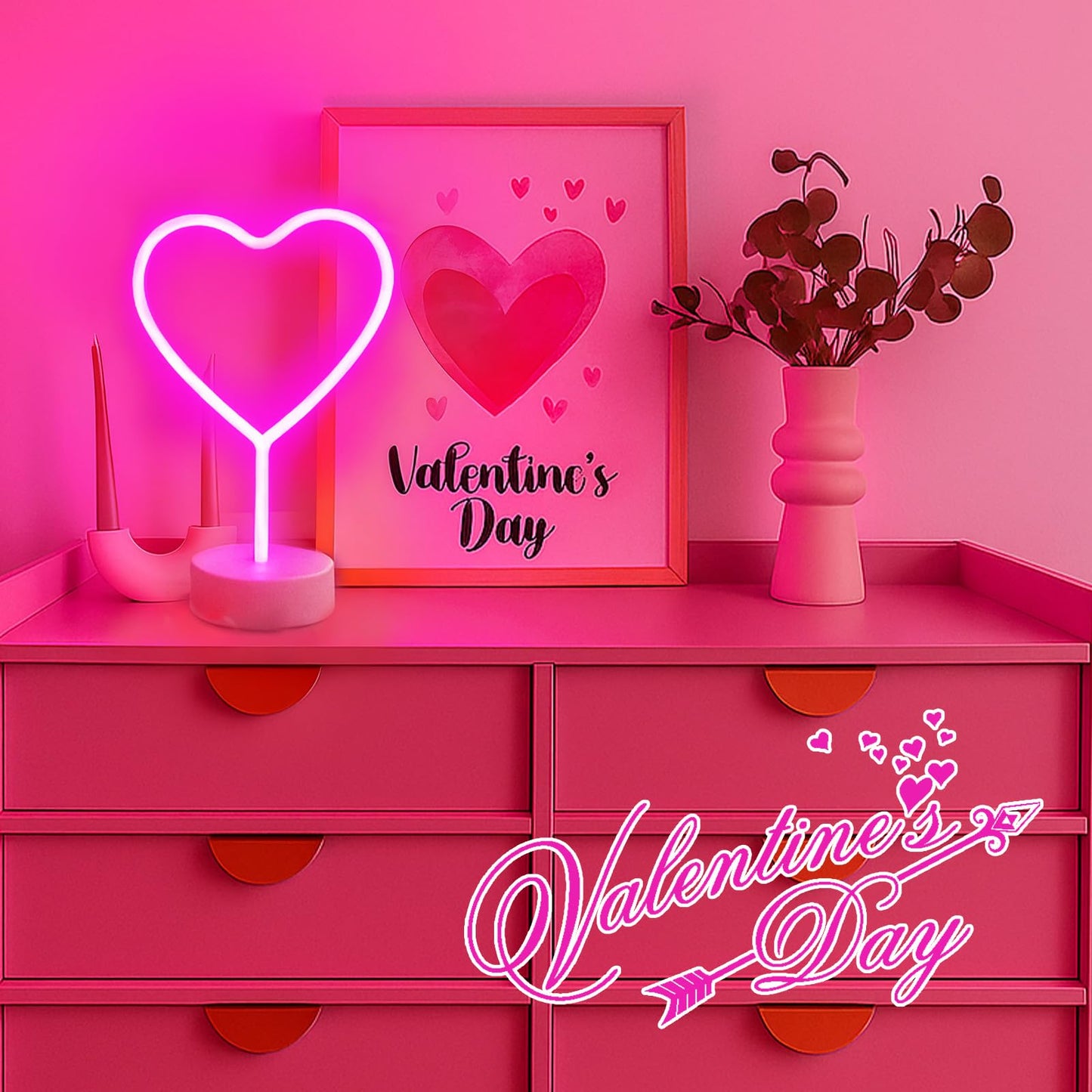 BHCLIGHT Pink Heart Neon Sign, Valentines Day LED Neon Light Battery Operated or USB Powered Valentines Pink Heart Lights, Table Lamp for Galentines Day Decorations, Wedding, Gifts for Women, Lover