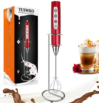 YUSWKO Black Handheld Milk Frother Wand for Coffee, Rechargeable Electric Whisk with 3 Heads 3 Speeds Drink Mixer Coffee Frother For Latte, Cappuccino, Hot Chocolate, Egg